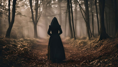 A hooded figure walks along a misty forest path, shrouded in mystery and intrigue.の写真素材