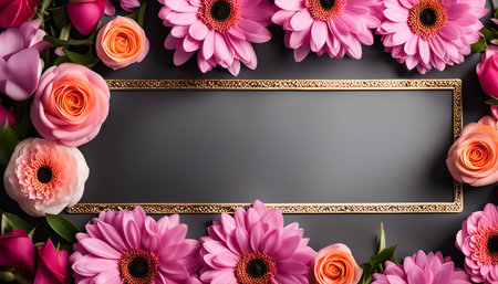 A beautiful floral frame made of pink and peach roses and gerberas surrounding a golden frame on a...
