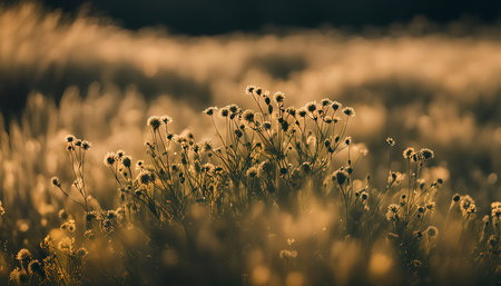 A close-up shot of wildflowers in a meadow bathed in the warm golden light of the setting sun. The soft, blurred background creates a sense of tranquility and peace.の写真素材