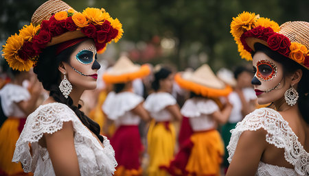 Two women in traditional Dia de Muertos costumes with intricate facepaint and floral headwear, celebrating the Day of the Dead in Mexico.の写真素材