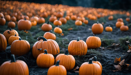 A field of pumpkins in a pumpkin patch during autumn.の写真素材
