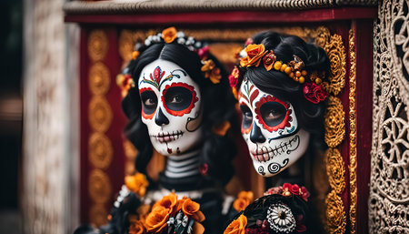 Two women with painted skulls, colorful makeup and flowers on their hair. Day of the Dead traditionの写真素材