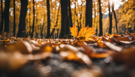 A single golden leaf stands out among the fallen leaves in a forest setting. The scene showcases the vibrant colors of autumnの写真素材