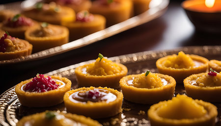 Close-up shot of a selection of mini tarts arranged on a plate. The tarts feature different toppings, including whipped cream, fruit, and chocolate.の写真素材
