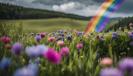 A field of colorful wildflowers, with pink and purple blooms, in the foreground, and a rainbow in the background, creating a serene and vibrant scene.の写真素材
