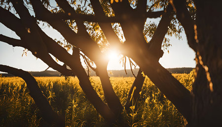 A captivating view of the sun setting through the branches of a tree, casting a golden glow over the field.の写真素材