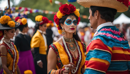 A couple in traditional Mexican outfits is smiling at the camera during a festival celebration.の写真素材
