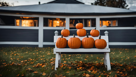 A white wooden bench with pumpkins arranged on it sits in the front yard of a house. The pumpkins are orange and the leaves are scattered on the ground. The house has windows and lights on in the windows.の写真素材