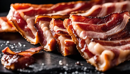 Close up shot of crispy bacon slices on a black plate. The bacon is glistening with fat and looks very delicious.の写真素材