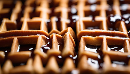A close-up image of a waffle with chocolate syrup drizzled over it, showing the crispy texture and gooey chocolate.の写真素材