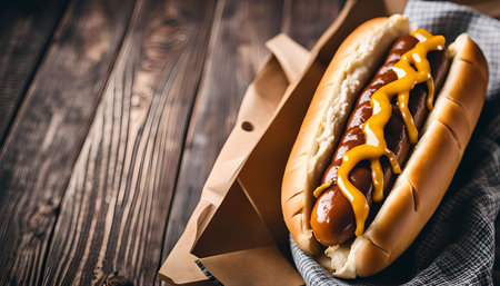 A close-up of a classic hot dog with mustard and relish. It's a simple yet delicious food that's perfect for any occasion.の写真素材