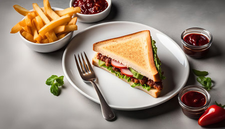 A close-up of a delicious sandwich on a white plate, accompanied by French fries and red sauce. The sandwich is filled with tomato, lettuce, avocado, and other ingredients, and is perfect for a light and tasty meal.の写真素材