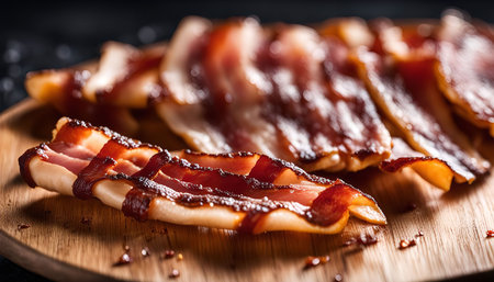 Close up shot of crispy bacon slices on a wooden boardの写真素材