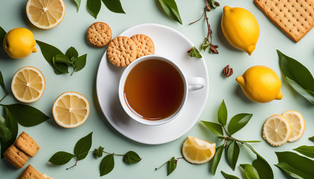 A refreshing cup of tea with lemon slices and cookies, all arranged on a light green background with leaves, a classic and relaxing scene.の写真素材