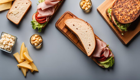 Three open-faced sandwiches, one with ham, one with a fried bread crust, and one with ham and cheese, are arranged on a gray background alongside various cheese pieces, nuts, and a small container of cubed cheeseの写真素材