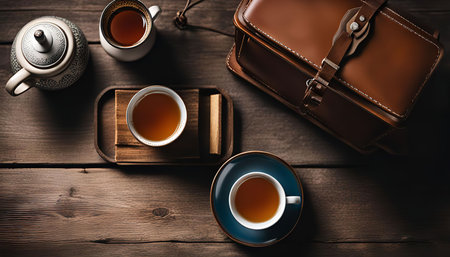 A close-up shot of teacups and a teapot on a wooden table. The scene is set with a leather bag and a rustic, vintage aesthetic.の写真素材