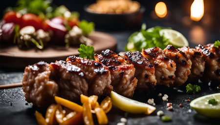 Close-up of grilled skewers with lemon and herbs, appetizing and ready to be eaten.の写真素材