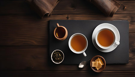 Two cups of tea on a wooden table, top view.の写真素材