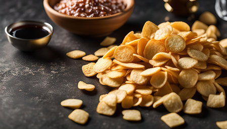 Close-up image of crispy potato chips with dipping sauces.