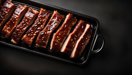 A close-up of a tray of glazed spare ribs, with a dark background.の写真素材