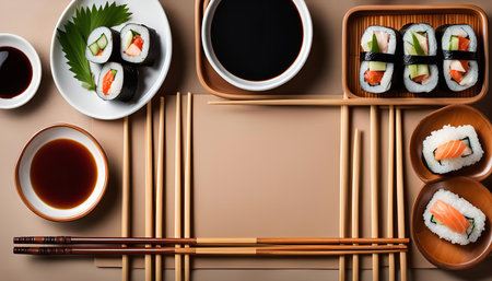 A flatlay image of a sushi platter with chopsticks, soy sauce, and rice bowls.の写真素材