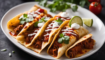 A plate of delicious enchiladas with red sauce, cheese, sour cream, and cilantro. The enchiladas are fresh and flavorful, with a satisfying combination of flavors and textures.の写真素材