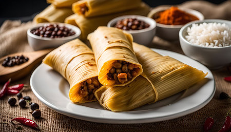 Closeup of three tamales on a white plate, wrapped in corn husks. The filling is visible and is made of meat and beans, with a chili sauce and rice in the background.の写真素材