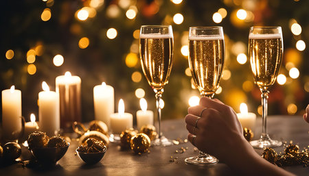 A close-up shot of three champagne glasses on a table adorned with festive decorations, including candles and golden ornaments. The soft, warm lighting creates a cozy and celebratory atmosphere, perfect for a New Year's Eve toast.の写真素材