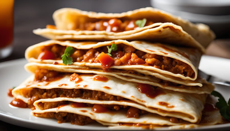 A stack of quesadillas with a filling of ground meat, cheese, tomatoes and spices, served on a plate.の写真素材