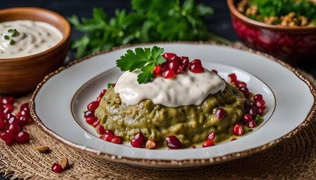 Close-up of a delicious green dish topped with pomegranate seeds and a creamy yogurt sauce. The dish is served on a white plate and garnished with parsley. It is a visually appealing and appetizing meal.の写真素材