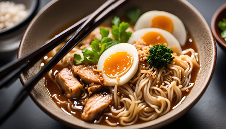 A close-up shot of a bowl of Japanese ramen noodle soup with a soft boiled egg, pork, and chopped green onions. The ramen is steaming and looks delicious.の写真素材
