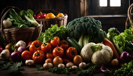 A variety of fresh vegetables and fruits are displayed on a wooden table, creating a vibrant still life. The composition includes tomatoes, broccoli, zucchini, cucumbers, garlic, onions, carrots, gourd, grapes, and leafy greens.の写真素材