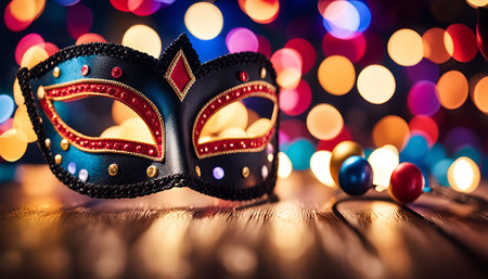 A close-up shot of a masquerade mask with an intricate design, set against a backdrop of colorful bokeh lights. The image evokes a sense of celebration and mystery, perfect for a festive occasion.の写真素材