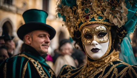 A close up of a woman wearing a traditional Venetian carnival mask. The mask is elaborate and adorned with gold and green accents. The woman is looking directly at the camera, and her eyes are hidden behind the mask.の写真素材
