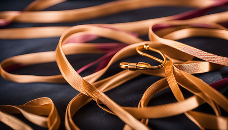 A golden hook lies on a bed of satin ribbons, reflecting the soft light.の写真素材