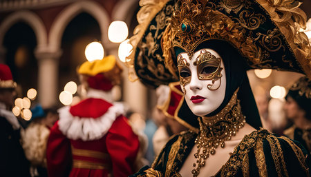 A woman in a traditional Venetian carnival costume and mask, showing off the intricate details of the attireの写真素材