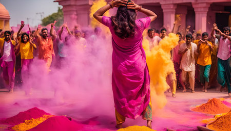 A group of people celebrate Holi, the festival of colors, in India. The image captures the joy and excitement of the event, with people throwing colored powder in the air and dancing in the streets.の写真素材