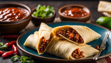 A close-up shot of tamales with spicy chili sauce, herbs, and a side of tomato salsa. The tamales are wrapped in corn husks and filled with a mixture of beans and other savory ingredients. The photo captures the vibrant colors and textures of the dish, inviting viewers to imagine its deliciousness.の写真素材