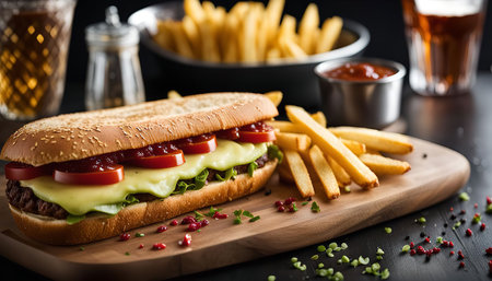 A mouthwatering submarine sandwich loaded with meat, cheese, tomatoes, and lettuce, served with a side of crispy French fries.の写真素材