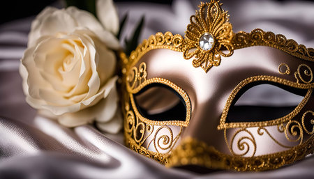 A close up shot of a classic Venetian mask with a white rose and satin fabric, embodying elegance and intrigue.の写真素材