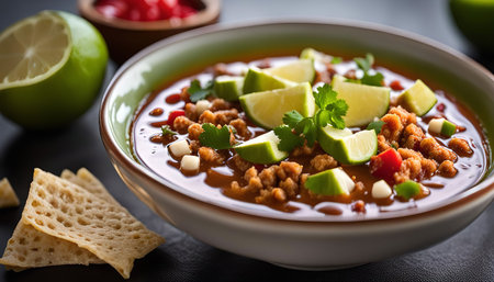 Mexican Chili Soup in Bowl with Lime and Tortilla, a flavorful and spicy dish perfect for a comforting meal.の写真素材