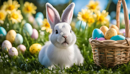 A cute white bunny sits in a field of flowers and grass, a basket filled with colorful Easter eggs...