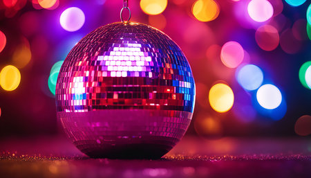 A disco ball sits in the center of the image, with colorful lights out of focus in the background....