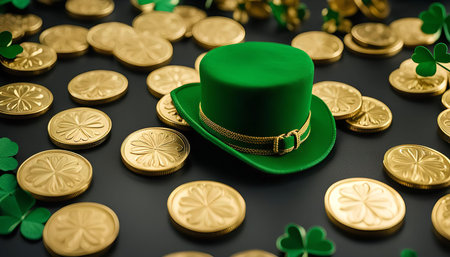 A green leprechaun hat sits on a black surface with scattered gold coins and shamrocks, celebrating St. Patrick's Day.の写真素材