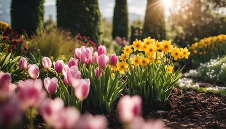 A close-up view of a vibrant flower bed bursting with pink tulips and yellow daffodils. The flowers are in full bloom, bathed in warm sunlight, creating a stunning display of color and natural beauty.の写真素材