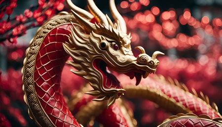 A close-up shot of a golden dragon statue intricately with details and a red background, capturing its powerful presence and symbolic meaning in Chinese culture.の写真素材