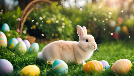 A white bunny sits in a grassy field surrounded by colorful Easter eggs.