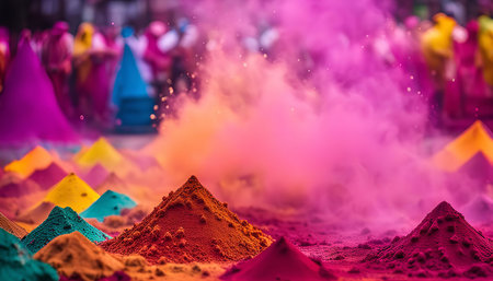A close-up shot of colorful piles of powder in India. This is a common sight during the Holi festival, a Hindu festival that celebrates the arrival of spring.の写真素材