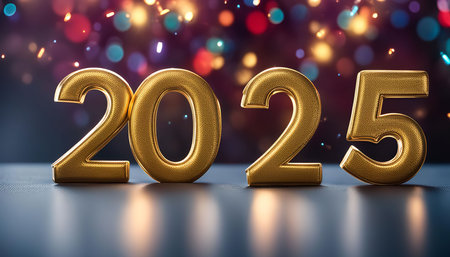 Golden 2025 numbers against a bokeh background, symbolizing hope and new beginnings for the new year.の写真素材