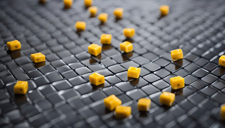 An abstract image showcasing yellow cubes scattered on a black grid pattern, creating a minimalist, geometric composition with a focus on texture and shape.の写真素材